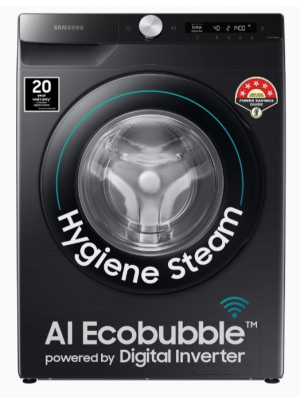 Washing Machine: Samsung 12 kg, 5 star, Eco Bubble Technology, AI Control , Wi-Fi, Digital Inverter Motor, Fully-Automatic Front Load Washing Machine Appliance (WW12T504DAB/TL, Hygiene Steam, Black Caviar)